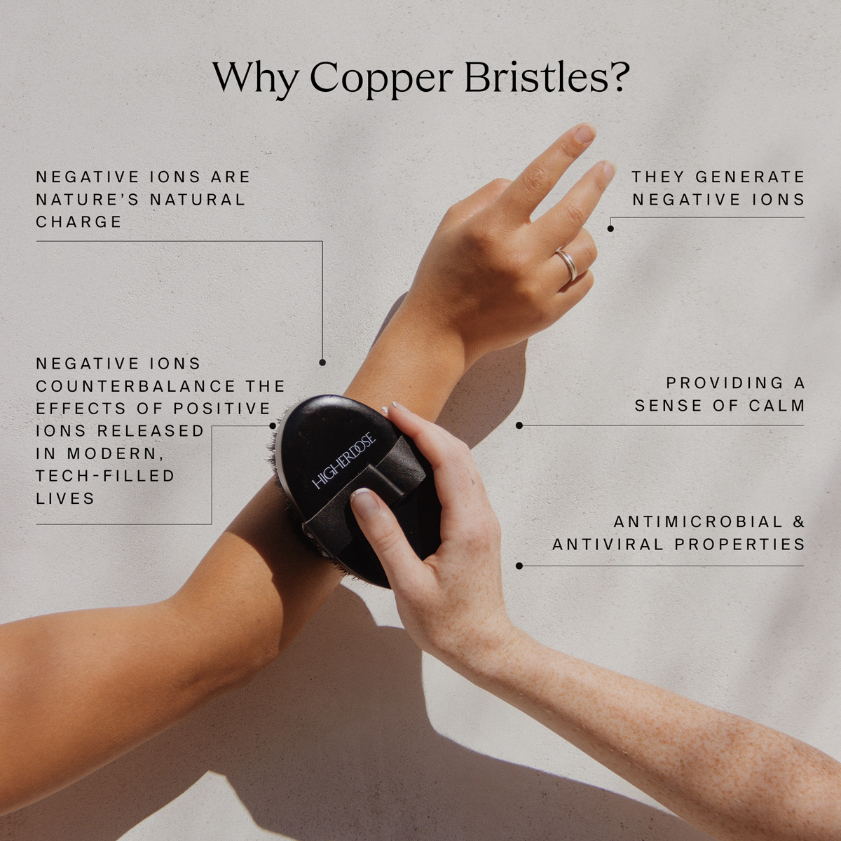 Copper Body Brush with callouts showing negative ion technology and antimicrobial copper