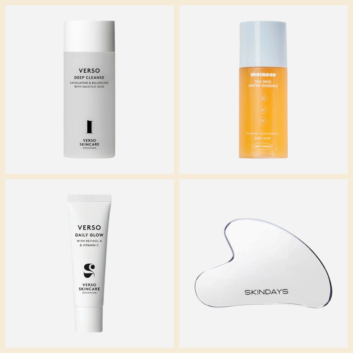 The glow ritual: Deep Cleanse, Tao Rice Water Essence, Daily Glow Cream and Skindays The Lifter gua sha