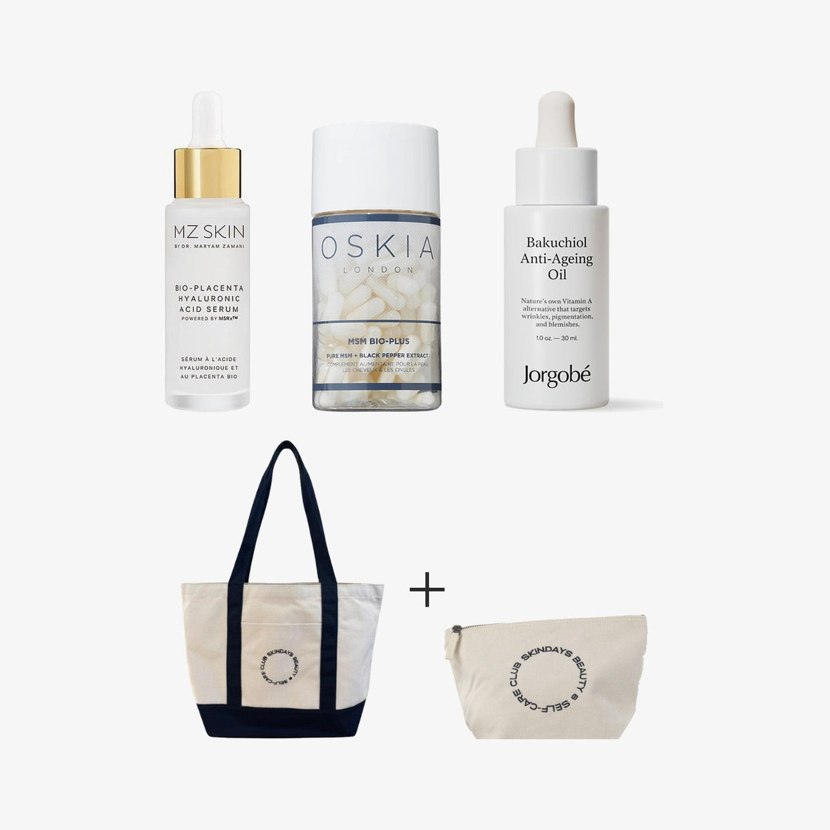 The longevity kit with Oskia MSM Bio Plus, a free tote and pouch
