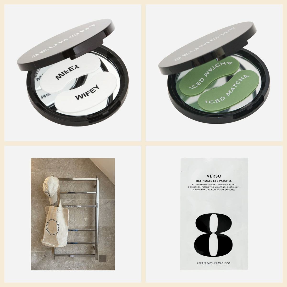 The Secret Santa pair: Wifey and Iced Matcha under-eye masks, Verso eye patches and a Skindays tote bag