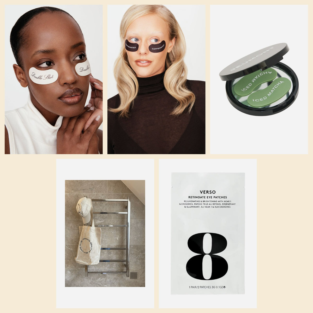 The café collection: Double Shot, Caffeinated and Iced Matcha masks, Verso eye patches and a Skindays tote bag