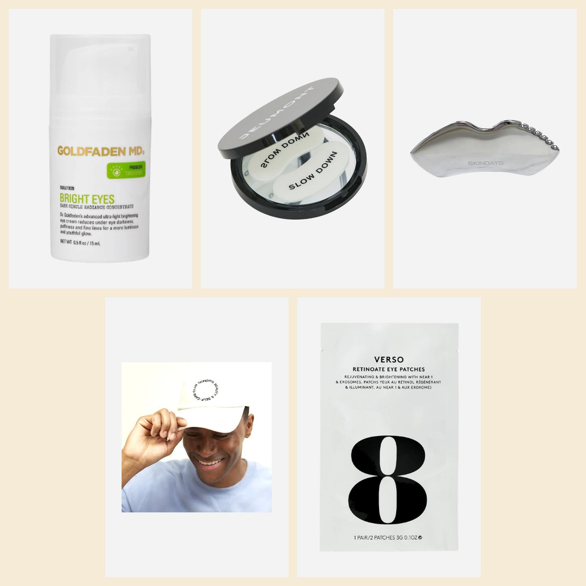 The eye rescue: Bright Eyes, Slow Down mask, Verso eye patches, The Definer gua sha and a Skindays cap