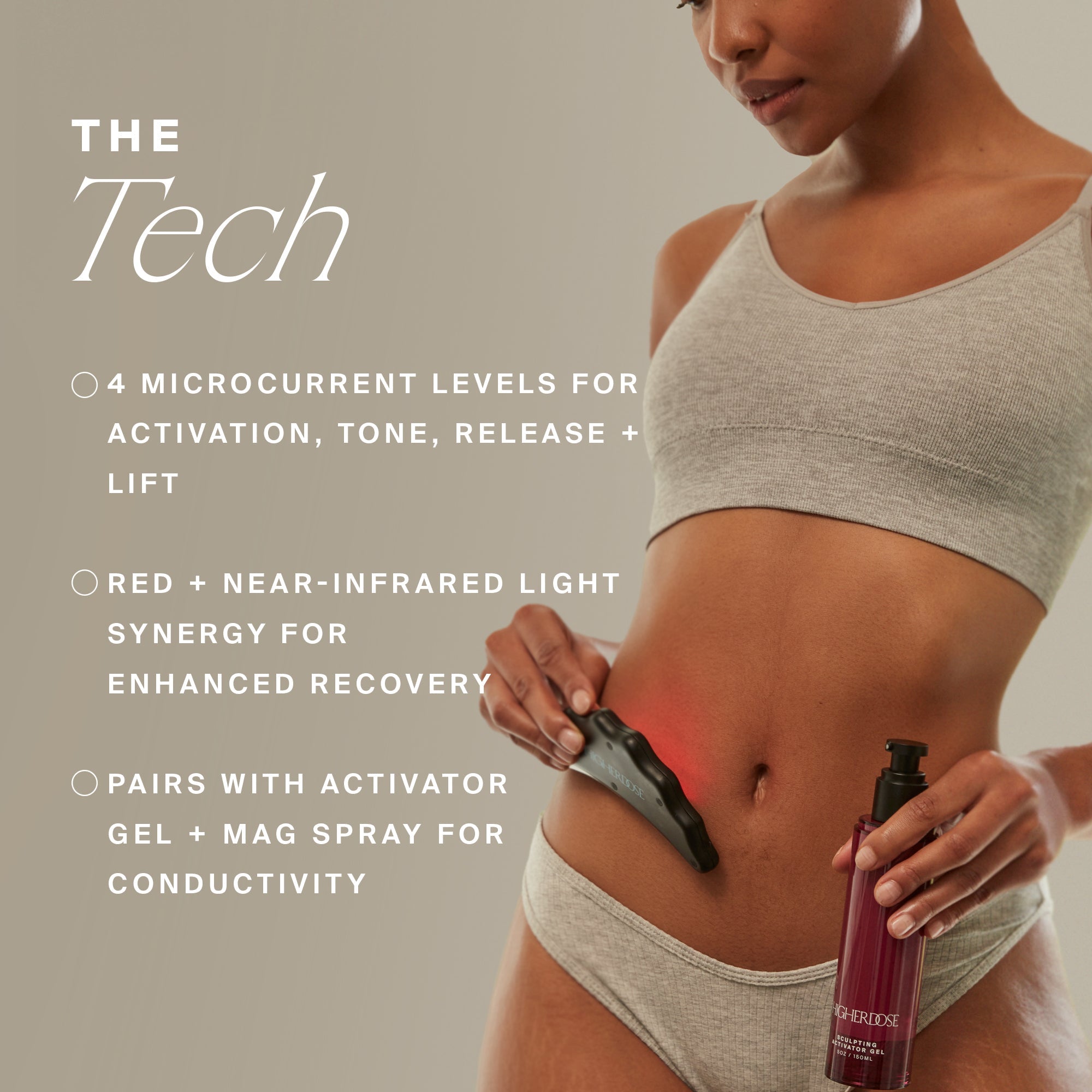 Person holding microcurrent device and magnesium spray against torso