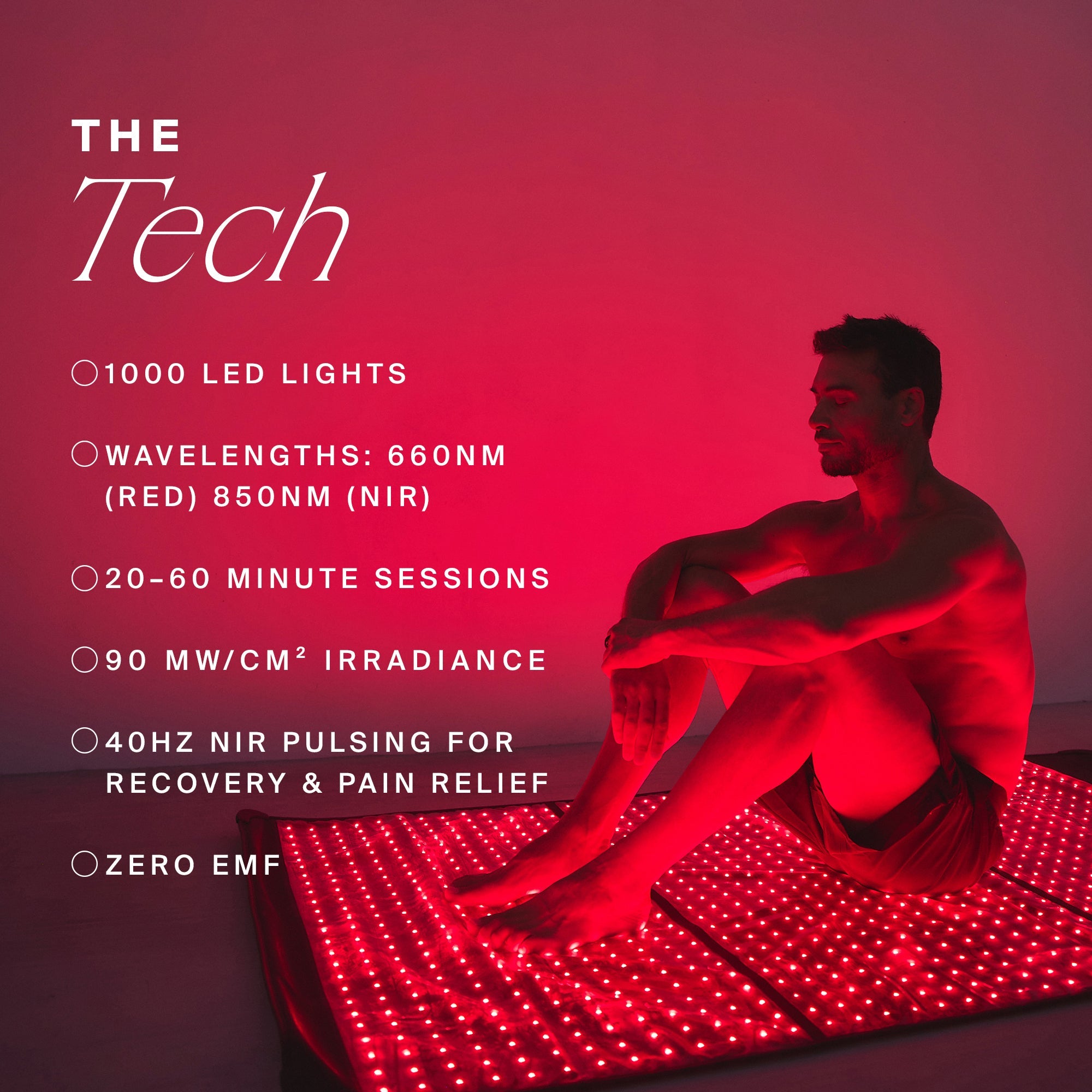 Man sitting on Full Body Red Light Mat showing 1000 LED lights