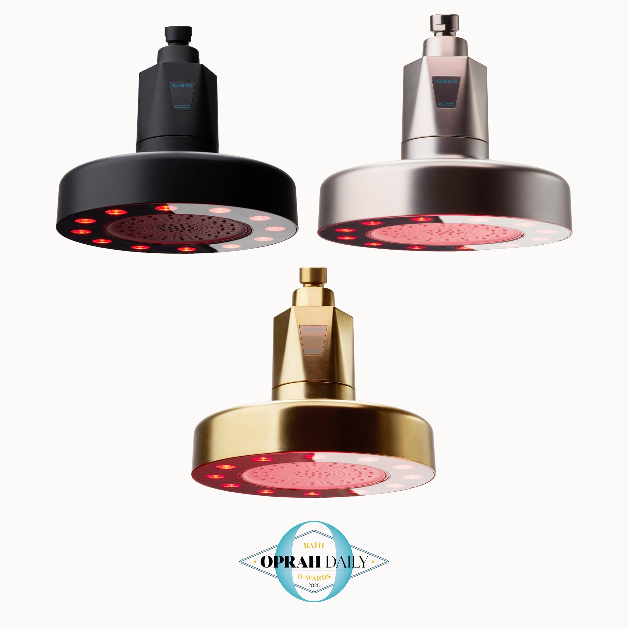 HigherDOSE Red Light Showerhead Filter in Matte Black, Polished Chrome and Polished Brass