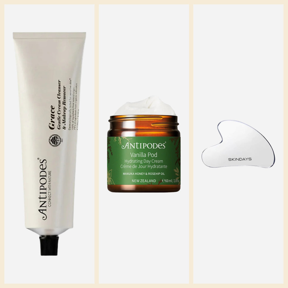 Soft landing gift set: Grace cleanser, Vanilla Pod day cream and The Lifter gua sha