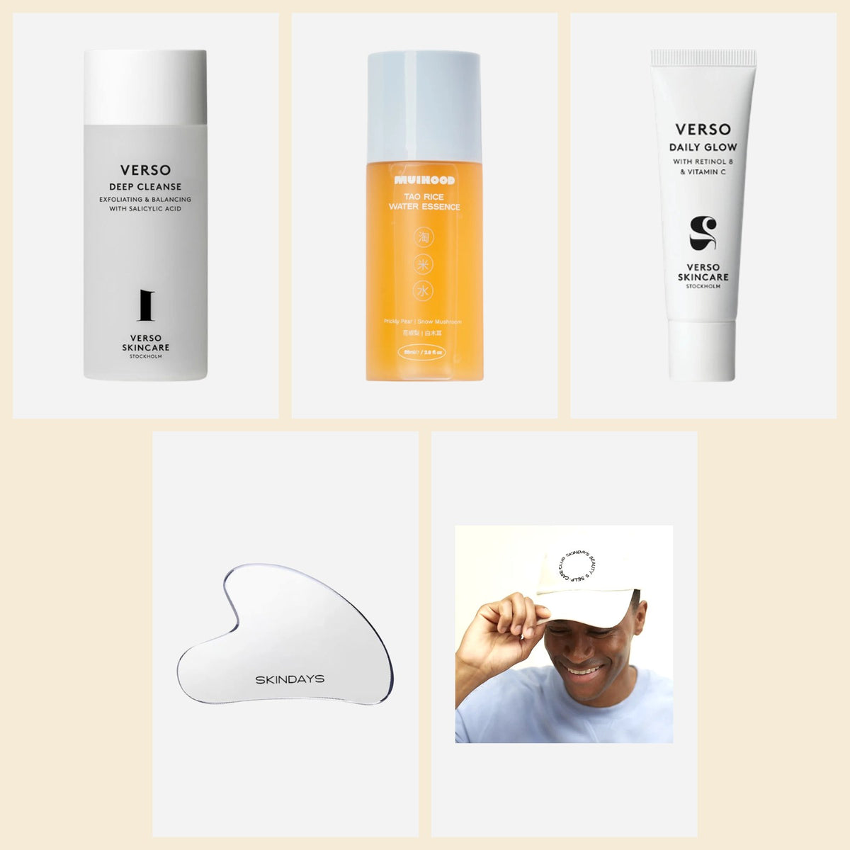 The glow ritual: Deep Cleanse, Tao Rice Water Essence, Daily Glow Cream, The Lifter gua sha and a Skindays cap